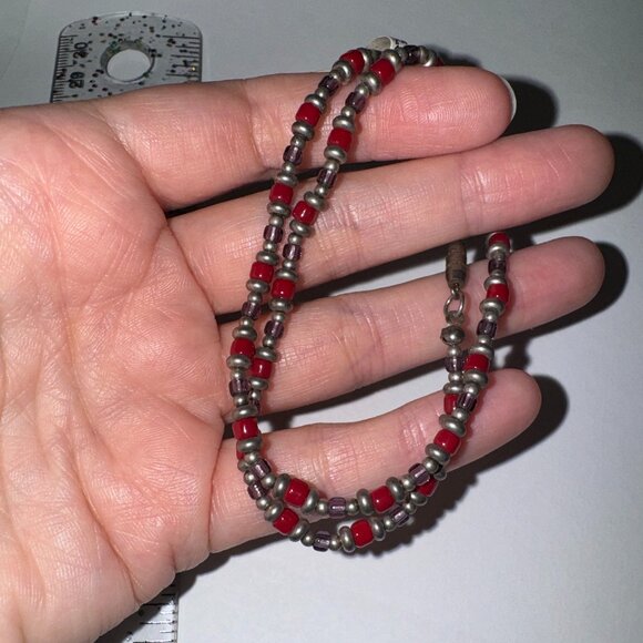 14" Long Red, Purple, and Silver Beaded Necklace - Picture 1 of 9